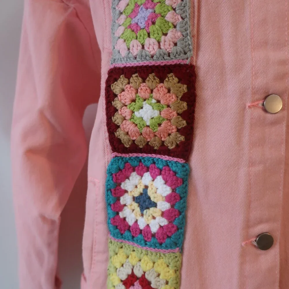 NWT Womens Regina (Item- 217) Pink Multicolor Crochet Motif Denim Jacket L - Picture 3 of 8